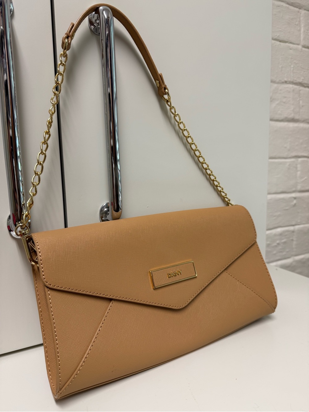 DKNY Tan Envelope Clutch with Gold Chain Strap
